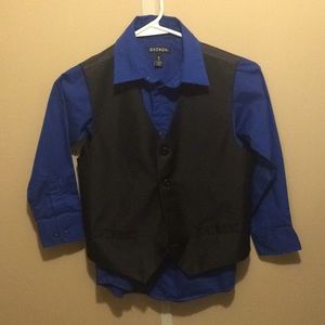 Boys blue dress shirt w/ black satin vest.
